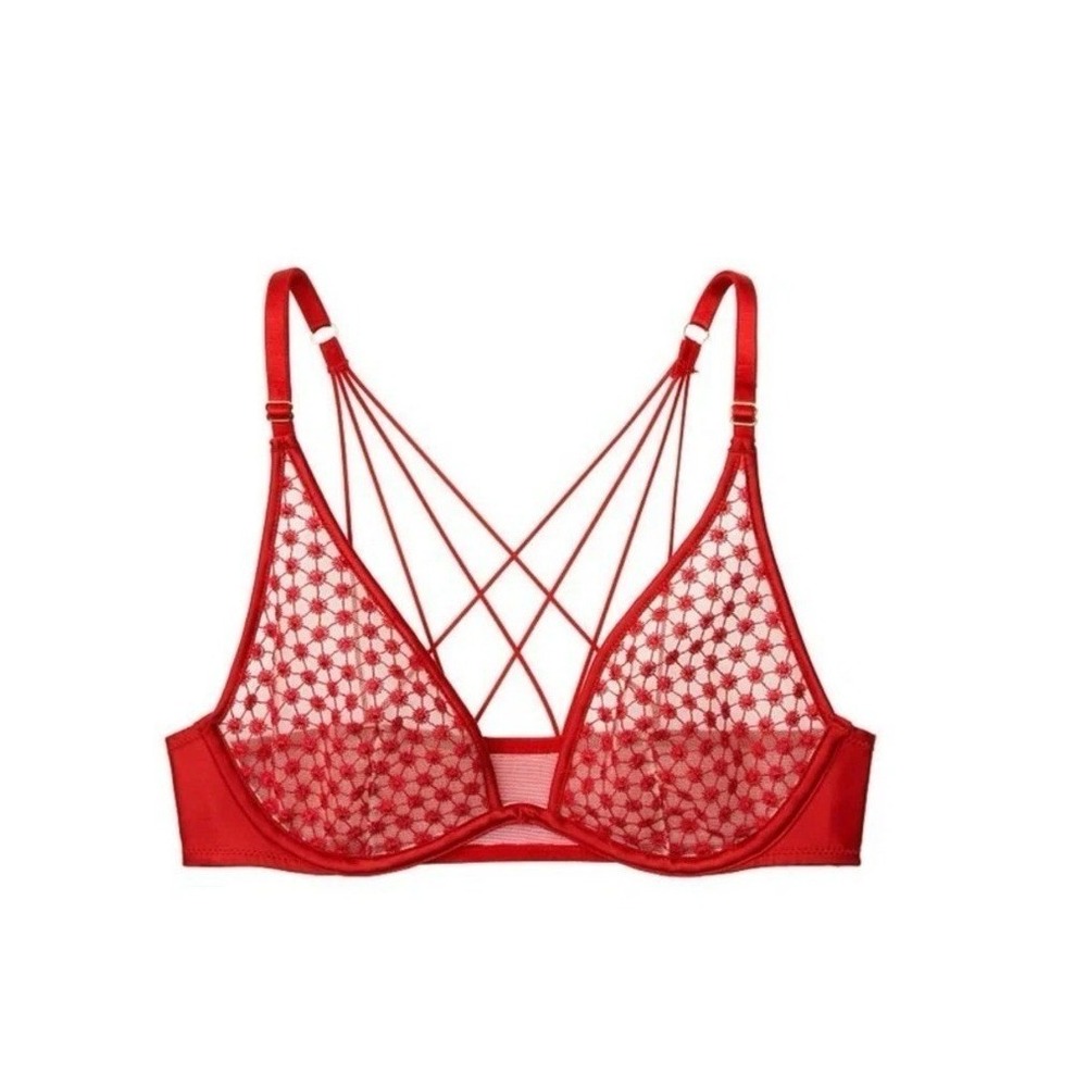 Victorias Secret‎ LUXE Starburst Unlined Plunge Underwire Bra Red Embroidered